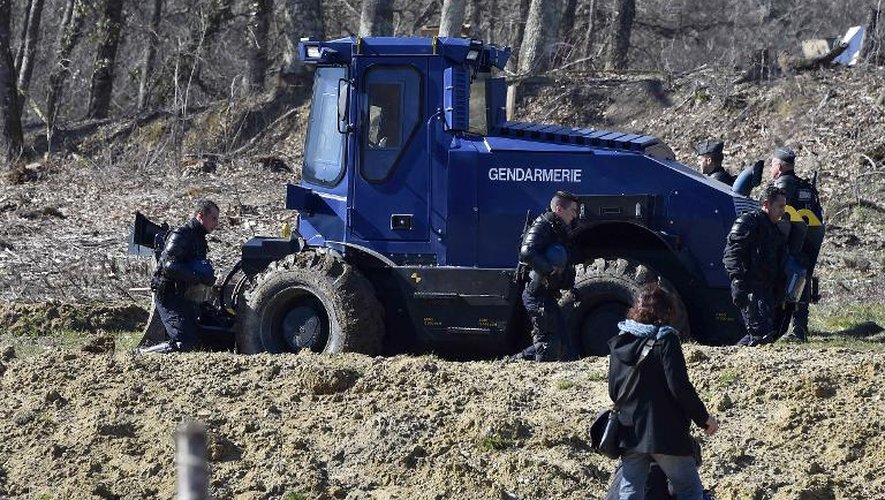 Les gendarmes se mettent en position pour évacuer les zadistes des lieux du projet de construction d'une retenue d'eau dans la forêt de Sivens (Tarn) le 6 mars 2015