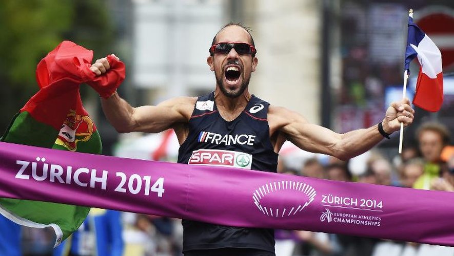 Le Français Yohann Diniz à l'arrivée du 50km marche lors des Championnats d'Europe d'athlétisme de Zurich, le 15 août 2014