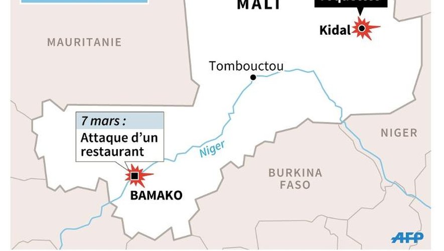 Carte de localisation des dernières attaques à Bamako et à Kidal au Mali