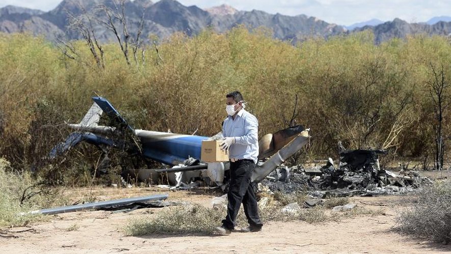 Un homme inspecte les décombres des deux hélicoptères sur le site du crash près de Villa Castelli, dans la province de La Rioja, dans le nord-ouest de l'Argentine, le 10 mars 2015