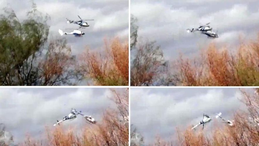 Montage de quatre vues de la collision entre deux hélicoptères survenue le 9 mars 2015 à La Rioja en Argentine