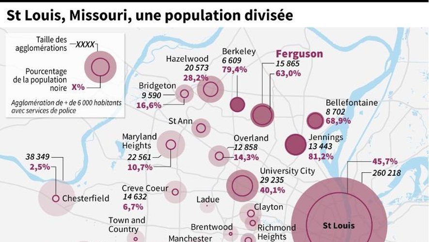 Carte et repartition de la population à St Louis et dans les communes voisines du Missouri, dont Ferguson