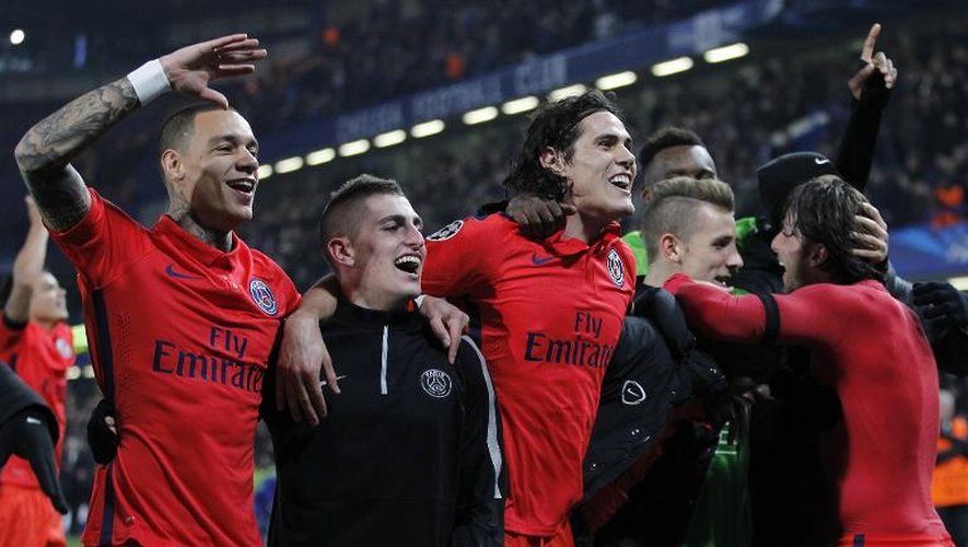 La joie des Parisiens après leur qualification pour les quarts de finale de la Ligue des champions aux dépens de Chelsea, le 11 mars 2015 à Londres