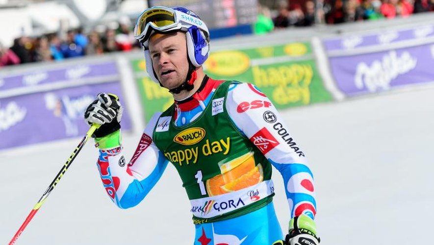 Le grand jour du Français Alexis Pinturault, vainqueur du slalom géant de Kranjska Gora, en Slovénie, le 14 mars 2015