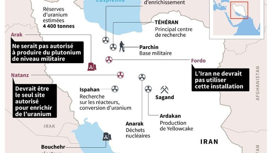 Carte des principales installations nucléaires iraniennes