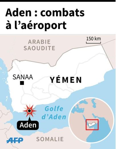 Localisation d'Aden au Yémen où des combats se déroulent à l'aéroport