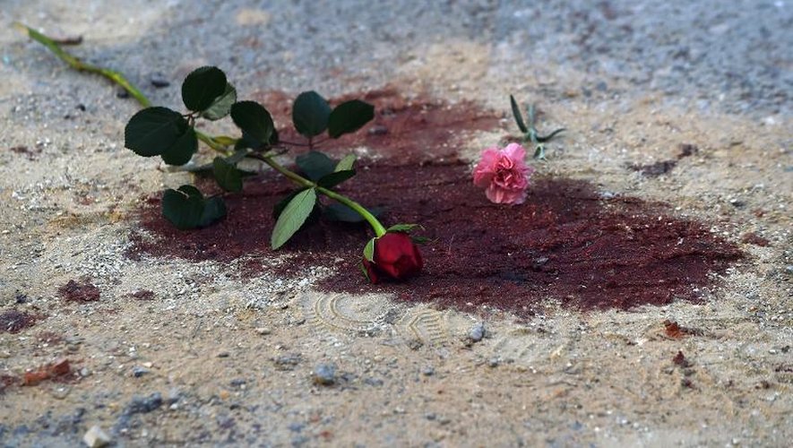 Des roses déposées sur une tache de sang au lendemain de l'attaque du musée d Bardo, le 19 mars 2015 à Tunis