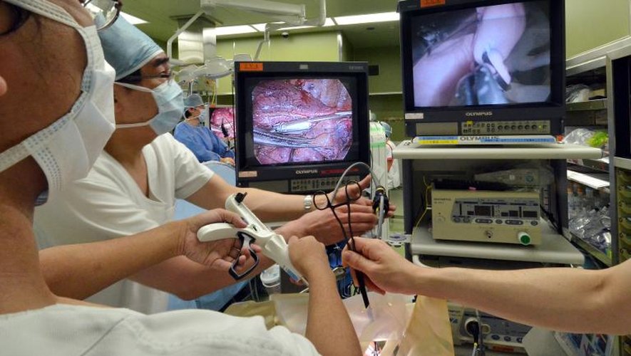 Toshiaki Morikawa (2e à g), professeur de médecine de l'université Jikei, donne le 21 janvier 2015, au sein de l'hôpital universitaire de Tokyo, une leçon de chirurgie à des internes, utilisant un poumon artificiel fabriqué grâce à l'impression en 3D
