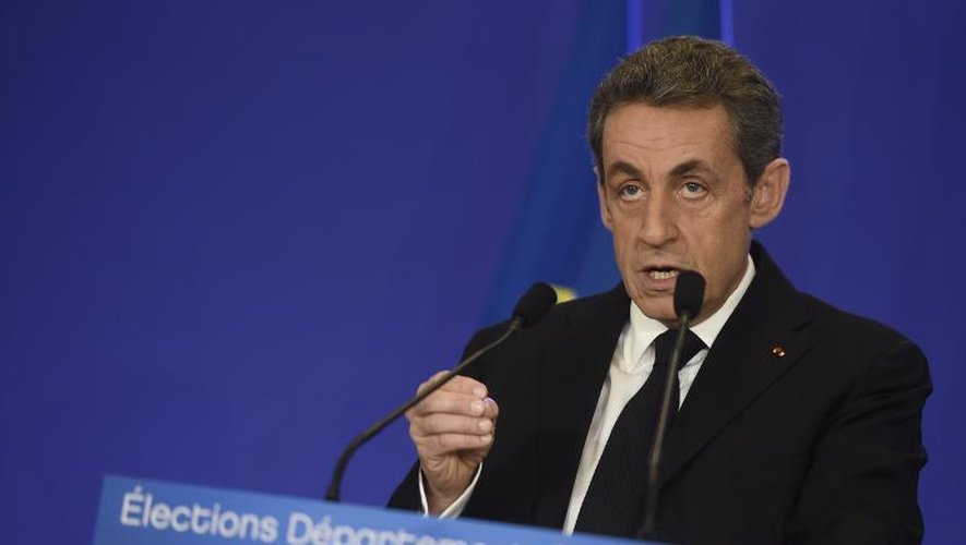 Le président de l'UMP Nicolas Sarkozy lors de son intervention le 22 mars 2015 au siège du parti à Paris