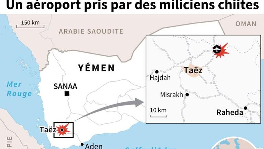 Carte du Yémen avec la ville de Taëz, dont l'aéroport a été pris  dimanche par des miliciens chiites