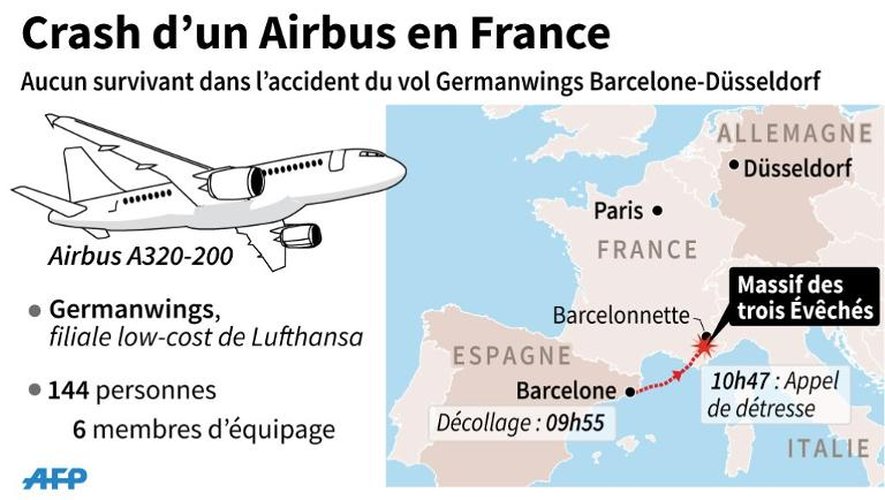 Carte de localisation du crash d'Airbus près de Barcelonette (90x53 mm)