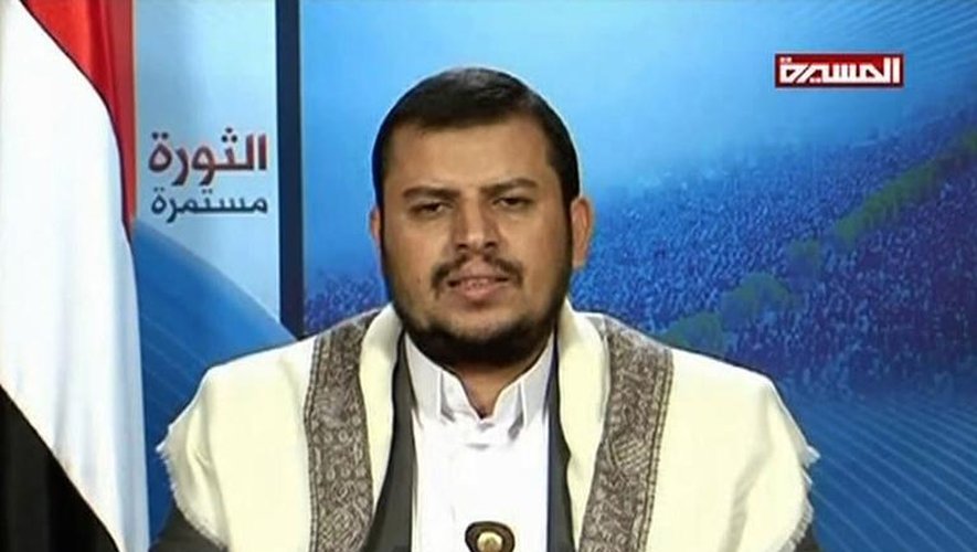 Capture d'écran à partir d'une vidéo retransmise sur la chaine Al-Masira le 26 mars 2015 du leader du mouvement chiite Houthi Abdulmalik al-Huthi