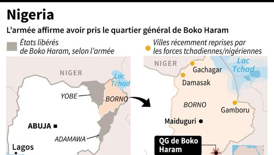 Carte localisant le QG de Boko Haram à Gwoza et les villes que l'armée nigériane affirme avoir reprises