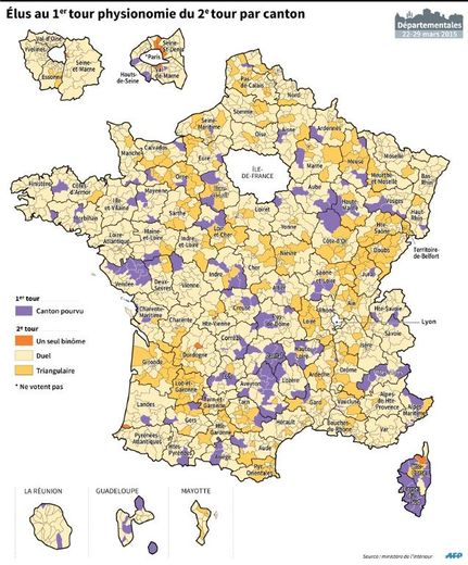 Carte de France indiquant par canton les élus au premier tour et la physionomie du 2e tour : 1, 2 ou 3 binômes de candidats