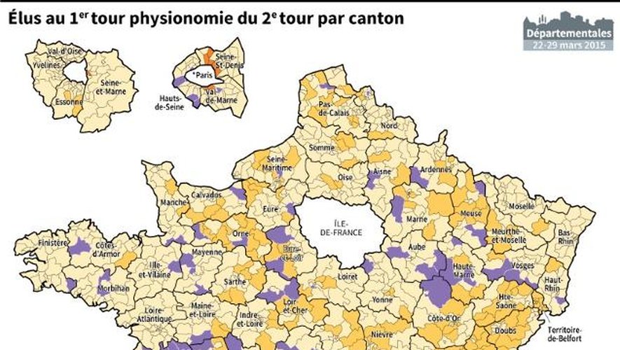 Carte de France indiquant par canton les élus au premier tour et la physionomie du 2e tour : 1, 2 ou 3 binômes de candidats