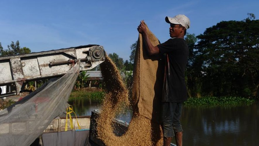 Des ouvriers transportent des sacs de riz sur un bateau dans le delta du Mékong pour les vendre à un client le 10 décembre 2014