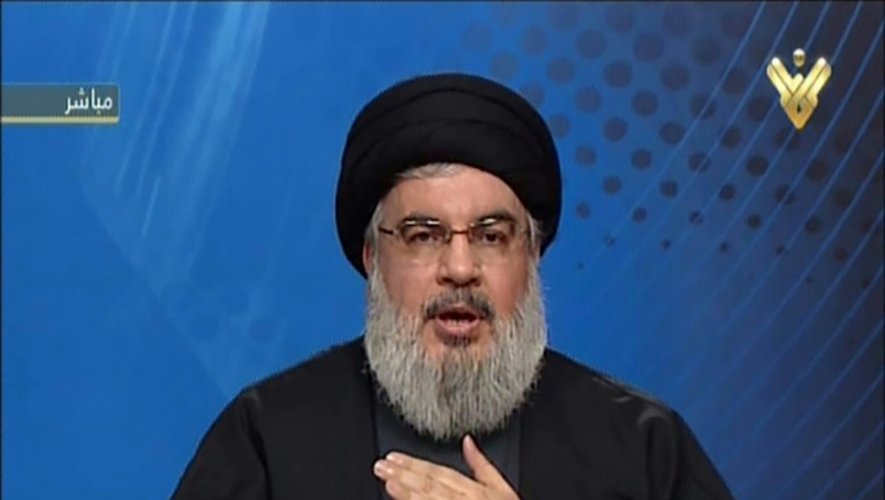 Capture d'écran du chef du Hezbollah libanais Hassan Nasrallah parlant sur al-Manar TV le 29 janvier 2016