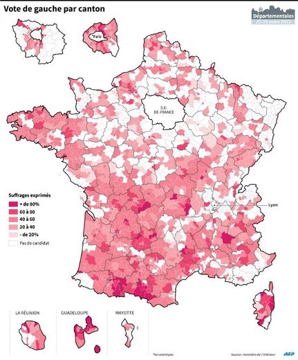 Carte de France du vote de gauche par canton