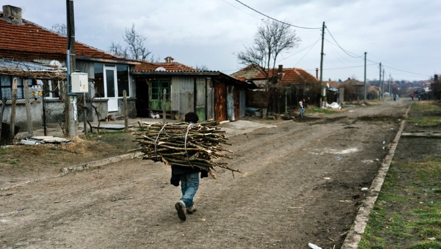 Un homme porte du bois de chauffage dans une rue du village de Ekzarh Antimovo, en Bulgarie, le 4 février 2016