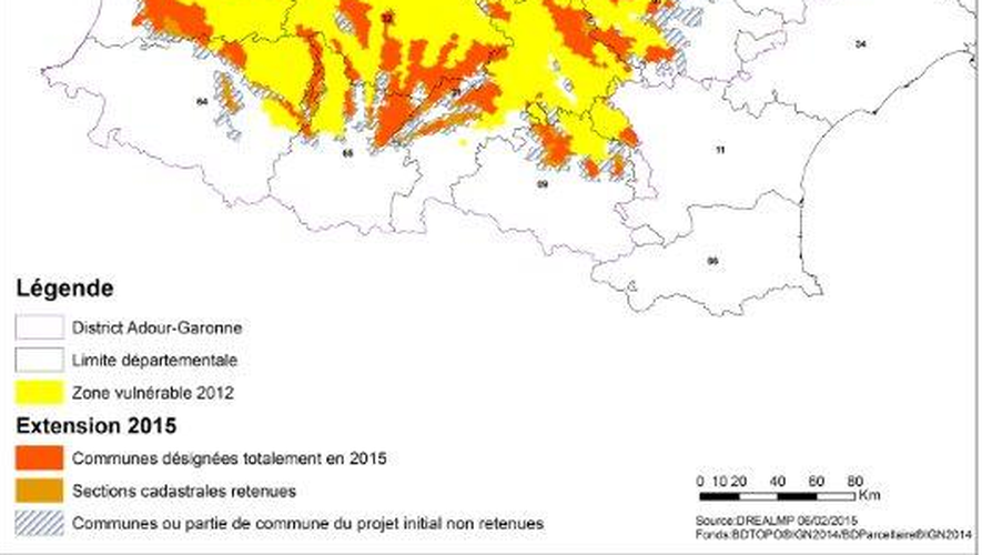 La carte concerne 136 communes classées totalement ou partiellement en zones vulnérables.