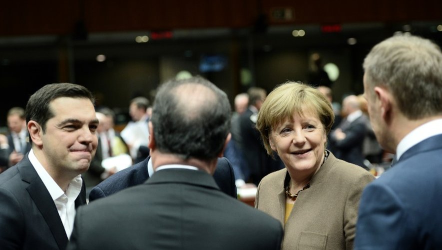 Le Premier minstre grec Alexis Tsipras et la chancelière Angela Merkel lors du sommet européen le 19 février 2016 à Bruxelles