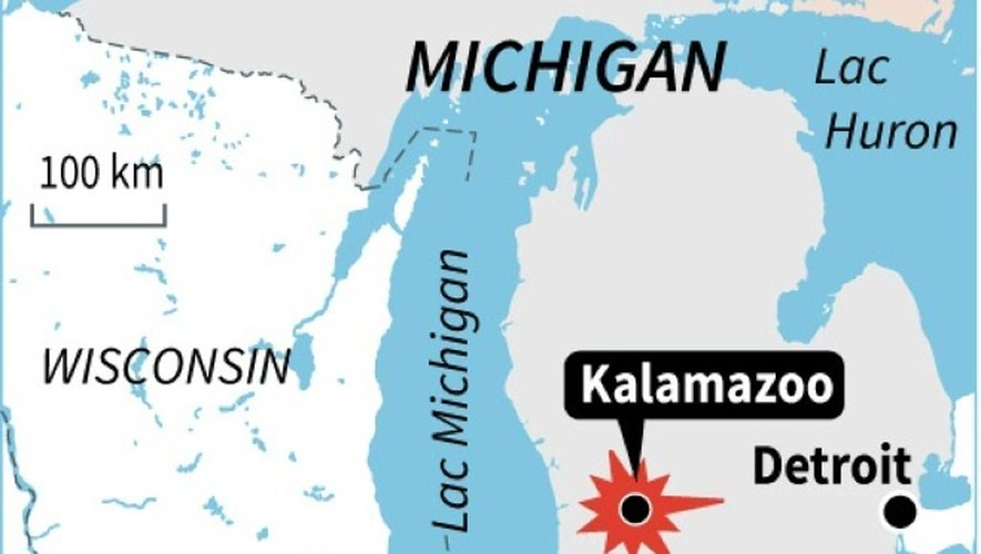 Carte localisant Kalamazoo (Michigan), où un homme soupçonné d'avoir abattu 6 personnes a été arrêté