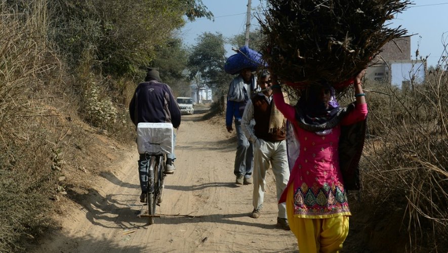 Un employé de la poste indienne Ratan Lal (g) à vélo livre un paquet commandé sur internet par un client dans un village du Rajasthan, le 21 janvier 2016