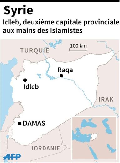Carte de localisation d'Idleb en Syrie, ville perdue par le régime et aux mains de la branche suyrienne d'al-Qaïda