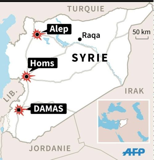 Carte de la Syrie localisant Homs et Damas, frappées par des attentats, et Alep où des jihadistes ont été tués dans des combats