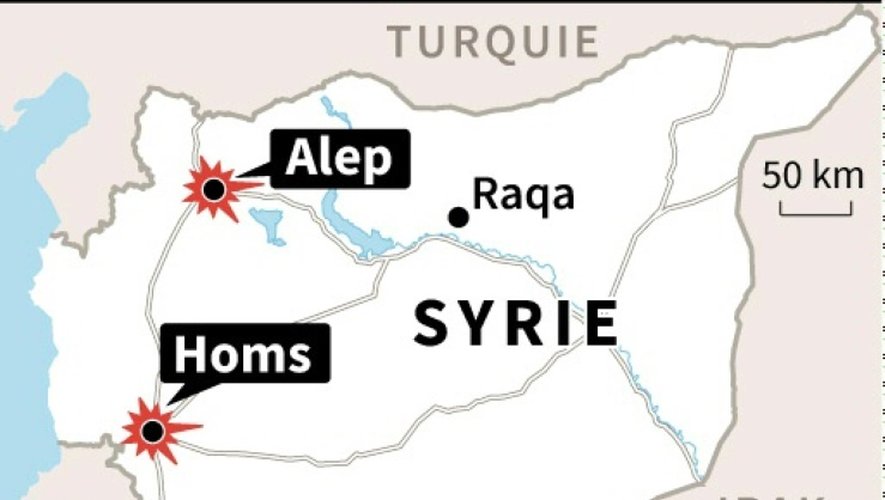 Carte de la Syrie localisant Homs et Damas, frappées par des attentats, et Alep où des jihadistes ont été tués dans des combats