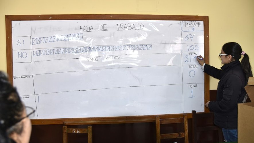 Des membres de la Commission électorale décomptent les vois lors d'un référendum en Bolivie, le 21 février 2016
