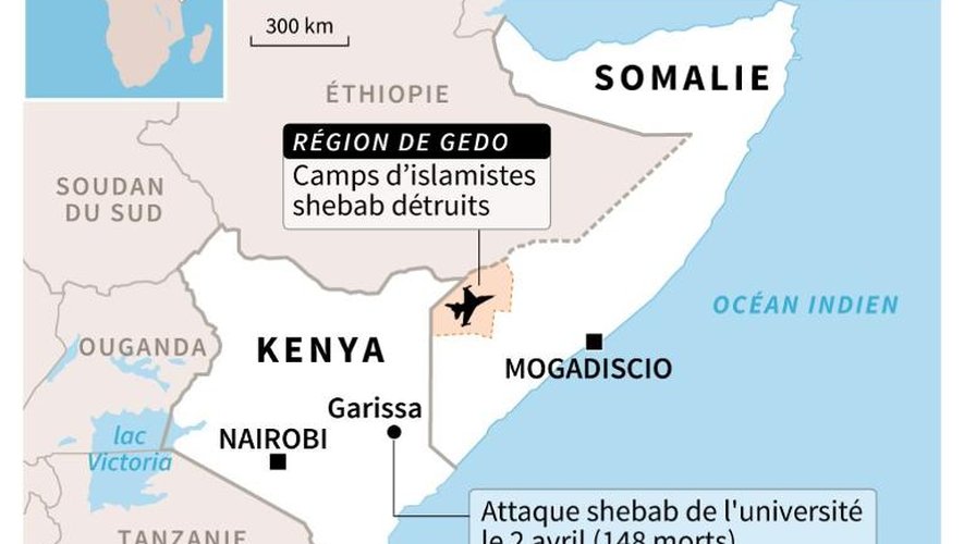 Carte de localisation, réalisée le 6 avril 2015, des bombardements kenyans sur deux camps des islamistes shebab dans la région de Gedo en Somalie