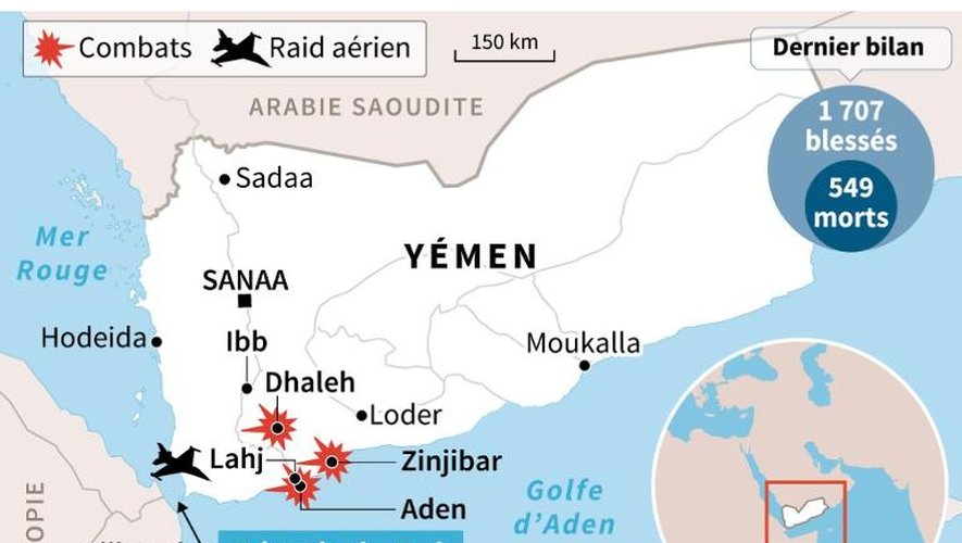 Carte de localisation des derniers raids et combats au Yémen, réalisée le 6 avril 2015