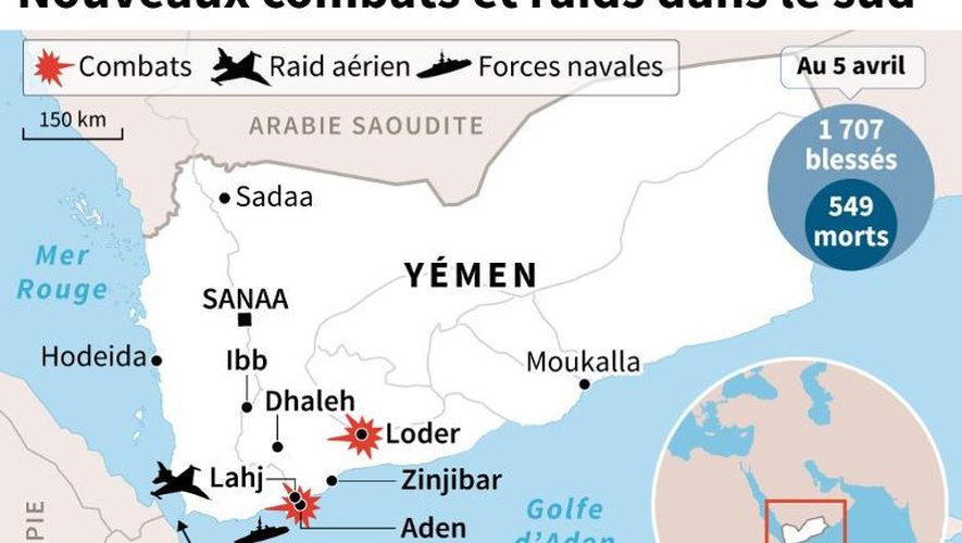 Carte de localisation des derniers raids et combats au Yémen, réalisée le 7 avril 2015