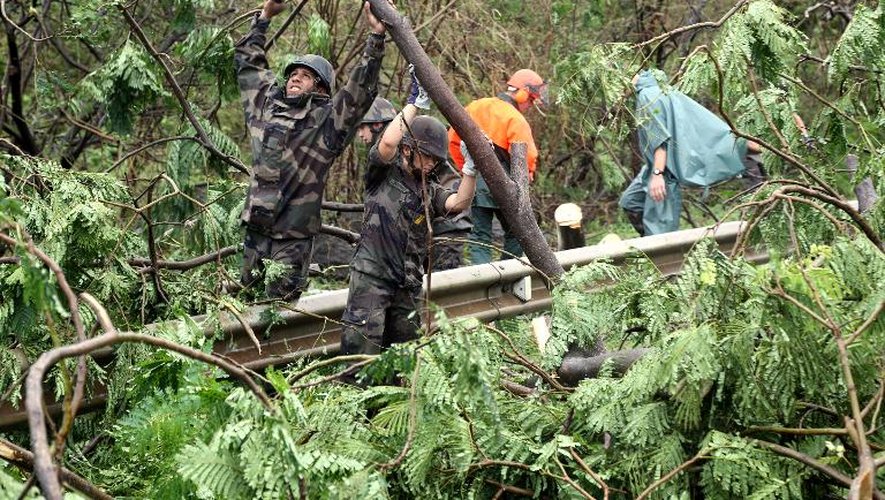 Des soldats le 3 janvier 2014 au milieu des arbres décimés par le cyclone Bejisa à la Réunion