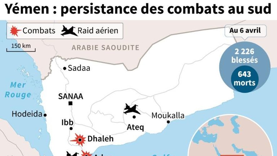 Carte de localisation des derniers raids et combats au Yémen