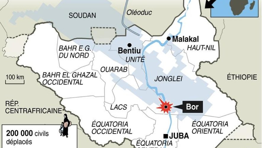 Carte du Soudan du Sud, localisant la ville de Bor, siège de combats et les champs de pétrole