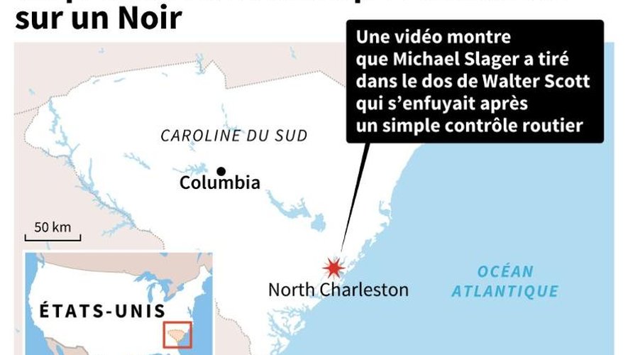Carte de localisation de North Charleston aux Etats-Unis où un policier blanc a été inculpé de meurtre sur un Noir