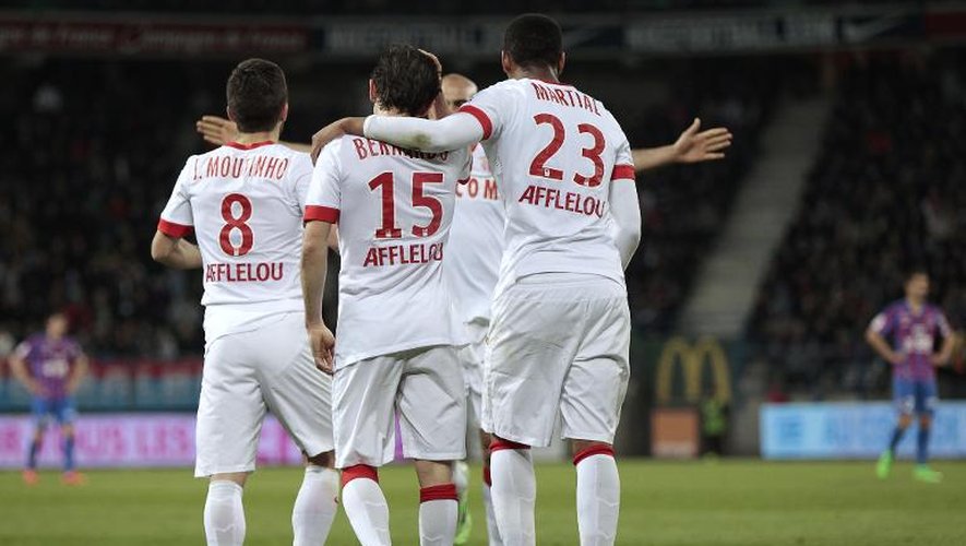 La joie des joueurs de l'AS Monaco après l'un des deux buts de Bernardo Silva, le 10 avril 2015 à Caen