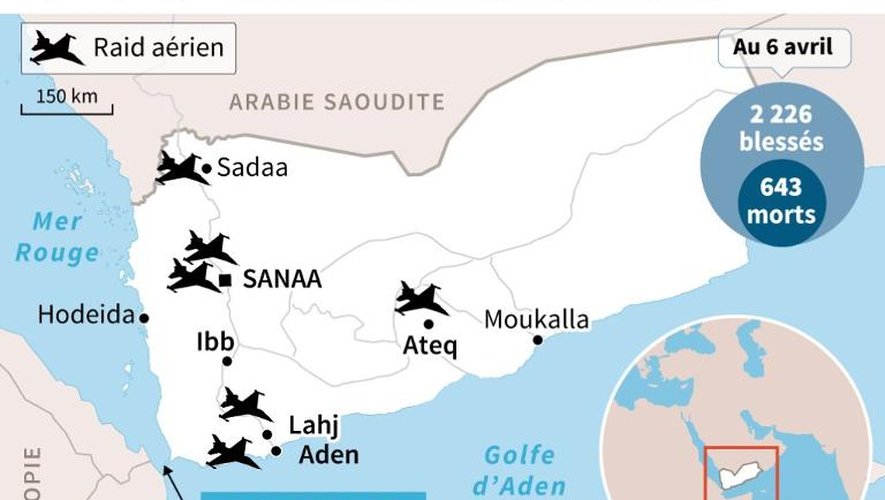 Carte de localisation des derniers raids aériens au Yémen