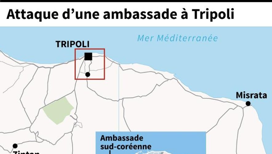 Carte de localisation de l'ambassade sud-coréenne à Tripoli où une attaque a fait au moins 2 morts