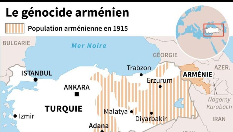 Carte de Turquie indiquant l'étendue de la population arménienne en 1915 avant le génocide