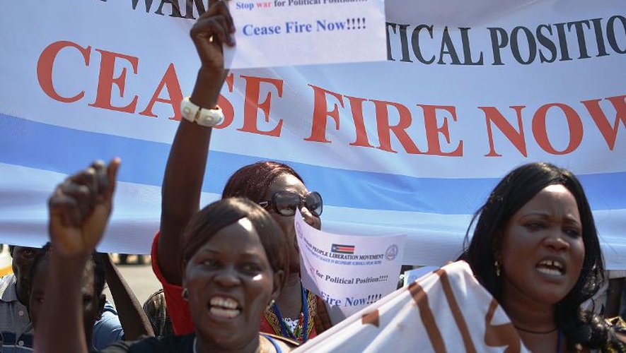 Des personnes manifestent à proximité du Parlement, à Juba, pour demander un cessez-le-feu entre le gouvernemnt et les rebelles, le 8 janvier 2014