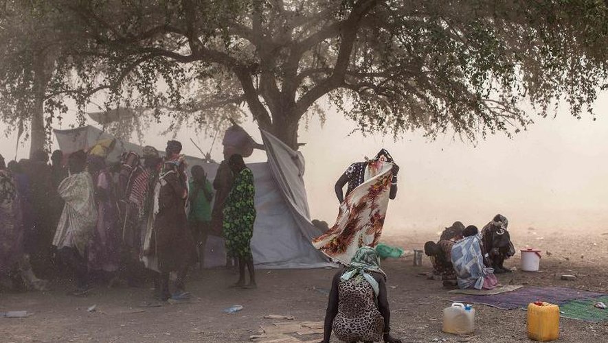 Des personnes déplacées viennent recevoir de la nourriture, dans un camp du Comité international de la Croix-Rouge à Minkammen, à 25 km au sud de Bor, au Soudan du Sud le 8 janvier 2014