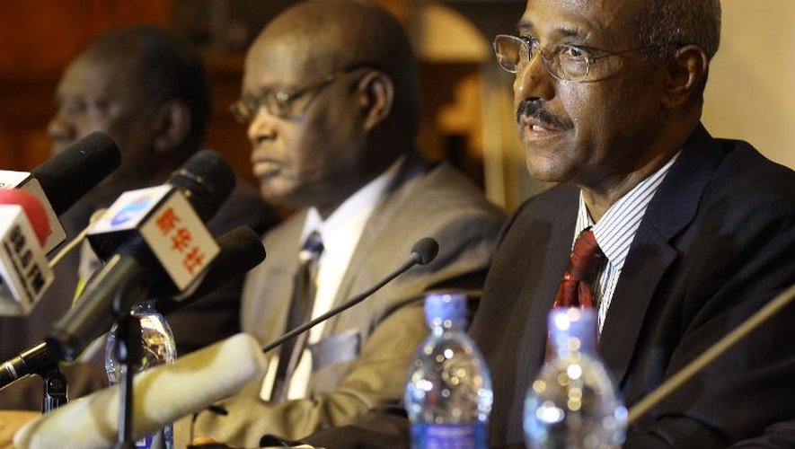 Le médiateur africain dans le conflit au Soudan du Sud, Seyoum Mesfin (d) lors d'une conférence de presse à Addis Abeba, le 6 janvier 2013