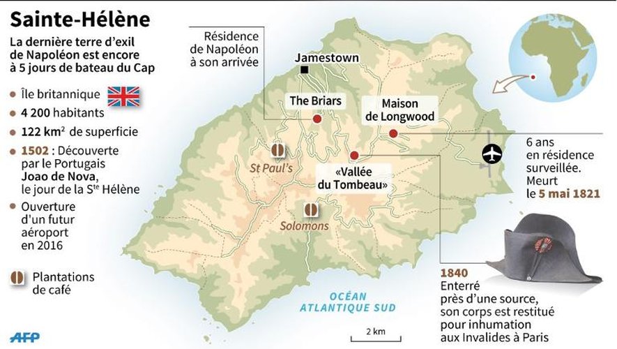 Carte de l'île de Sainte-Hélène dans l'Atlantique sud, dernier exil de Napoléon