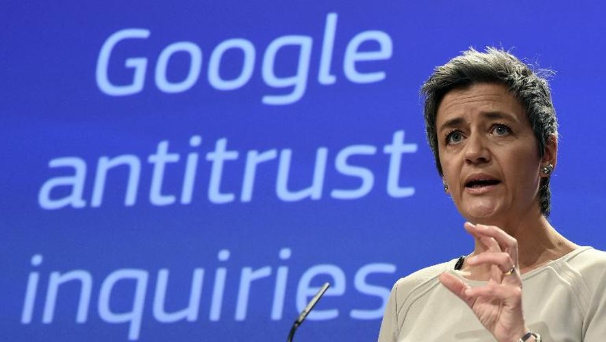 La commissaire européenne à la Concurrence, Margrethe Vestager, annonce les enquêtes ouvertes à l'encontre de Google, le 15 avril 2015 à Bruxelles