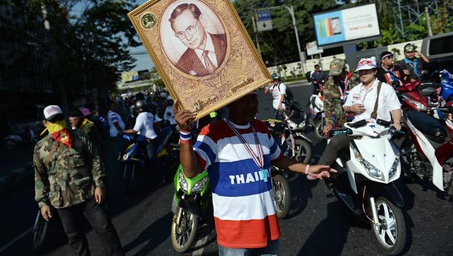 Le portrait du roi Bhumibol Adulyadej brandi lors de la manifestation d'opposants au gouvernement le 14 janvier 2014 à Bangkok
