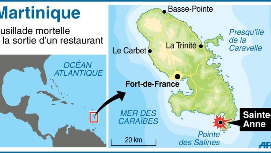 Carte de la Martinique, montrant la commune de Sainte-Anne théatre d'une fusillade qui a fait deux morts et six blessés dans la nuit de dimanche à lundi