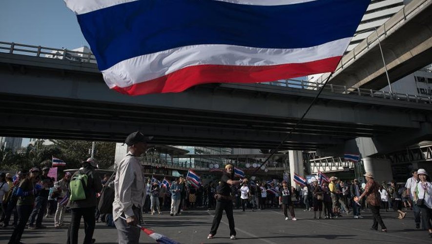 Un manifestant agite un drapeau géant thaïlandais dans un quartier d'affaires de Bangkok  lors d'une opération "paralysie" de la capitale, le 14 janvier 2014